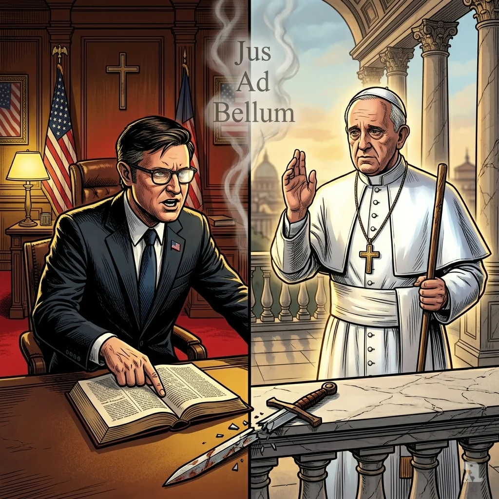 Speaker Johnson argues from Capitol office while Pope Leo XIV gestures from Vatican balcony, divided by shattered sword.
