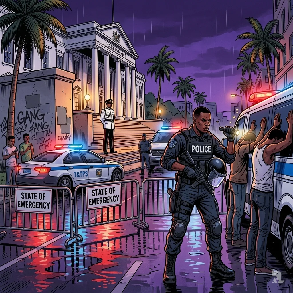 Tactical police search a vehicle at a nighttime checkpoint near Parliament during state of emergency.