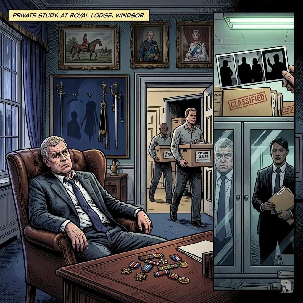 Prince Andrew slumped in leather chair, medals scattered, DOJ evidence room bleeding into royal study scene.