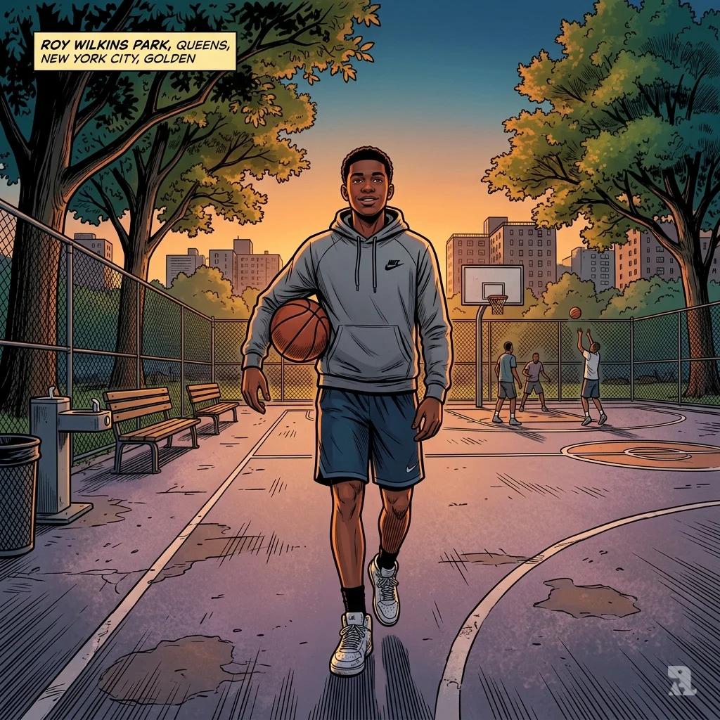Teenager walks across Queens basketball court at sunset, basketball under arm, unaware of impending violence.