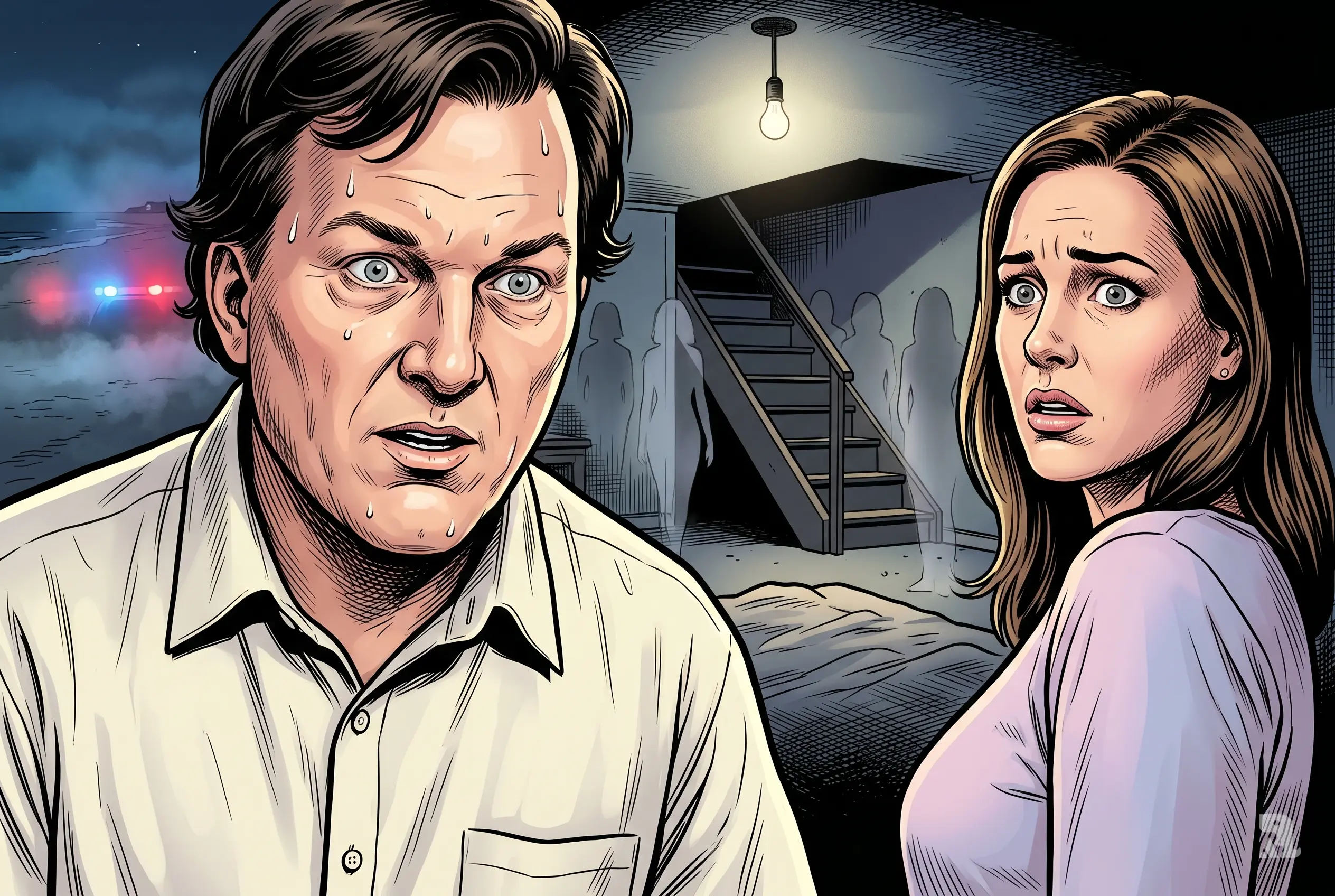 Rex Heuermann nervously confesses murders to shocked Asa Ellerup inside dim basement, with ghostly victim silhouettes and distant Gilgo Beach police lights.