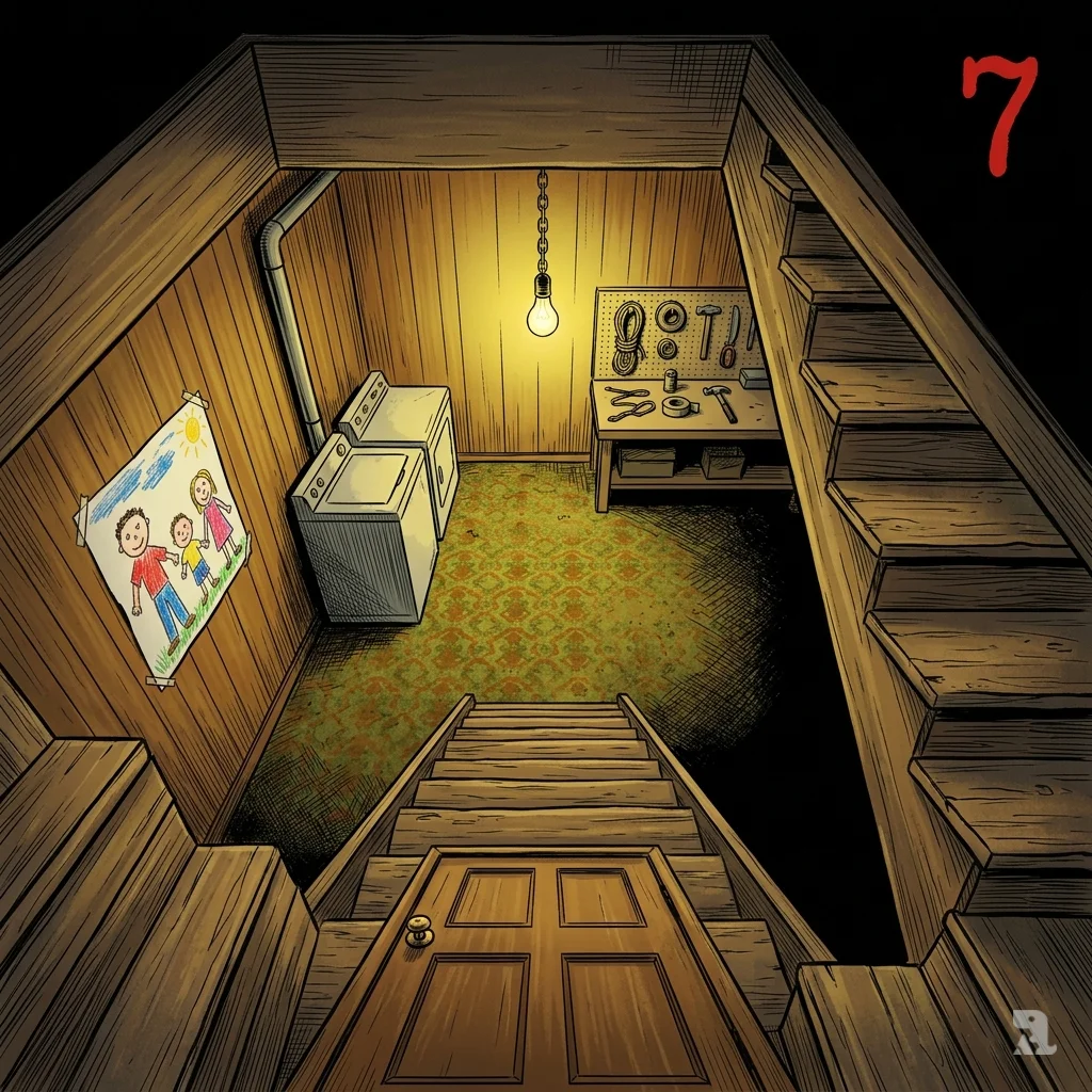 High-angle view of basement stairs in Massapequa Park home, number 7 marks victims, child's drawing contrasts horror.