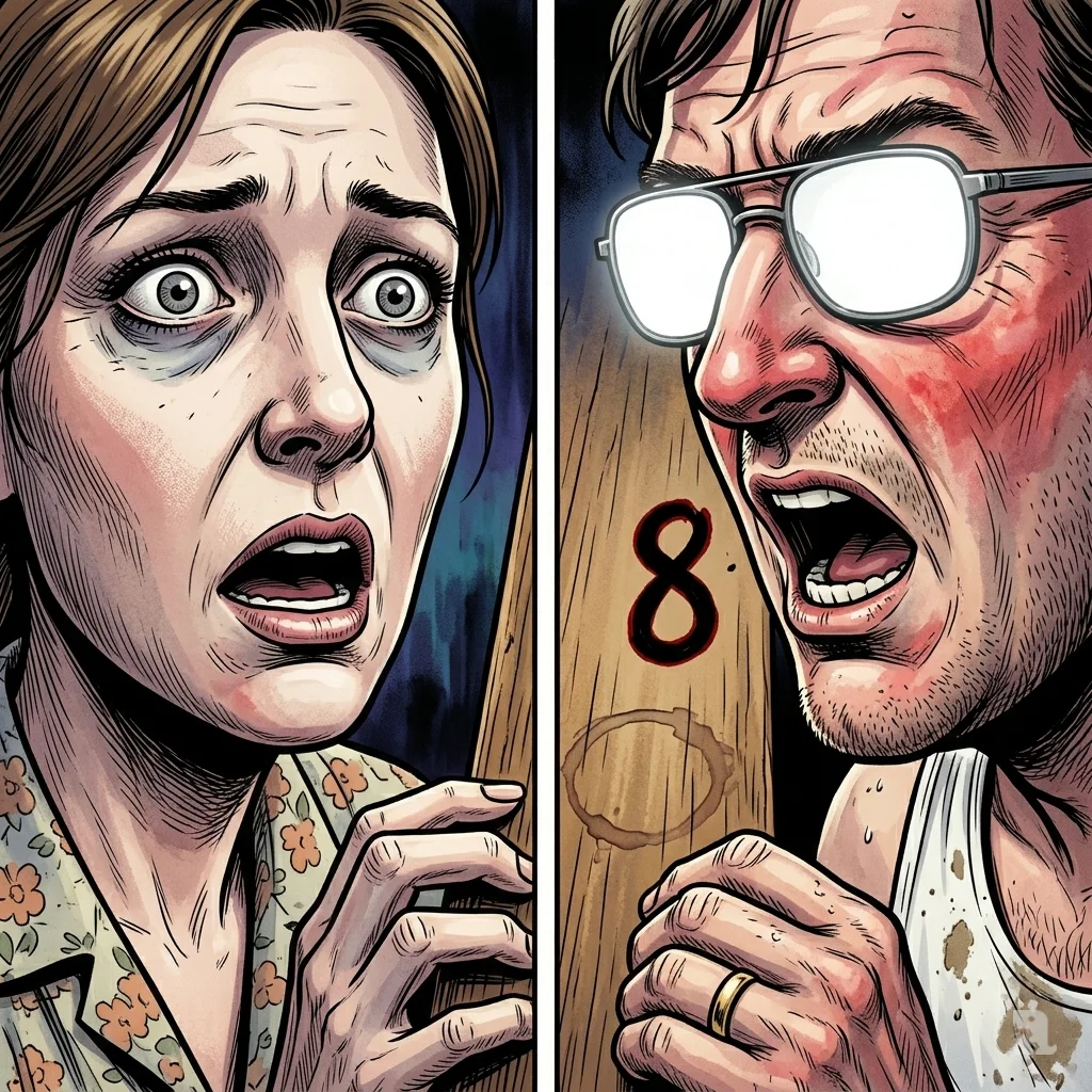 Extreme close-up of Rex Heuermann confessing victim count as wife Asa Ellerup stares in shock, number 8 between them.