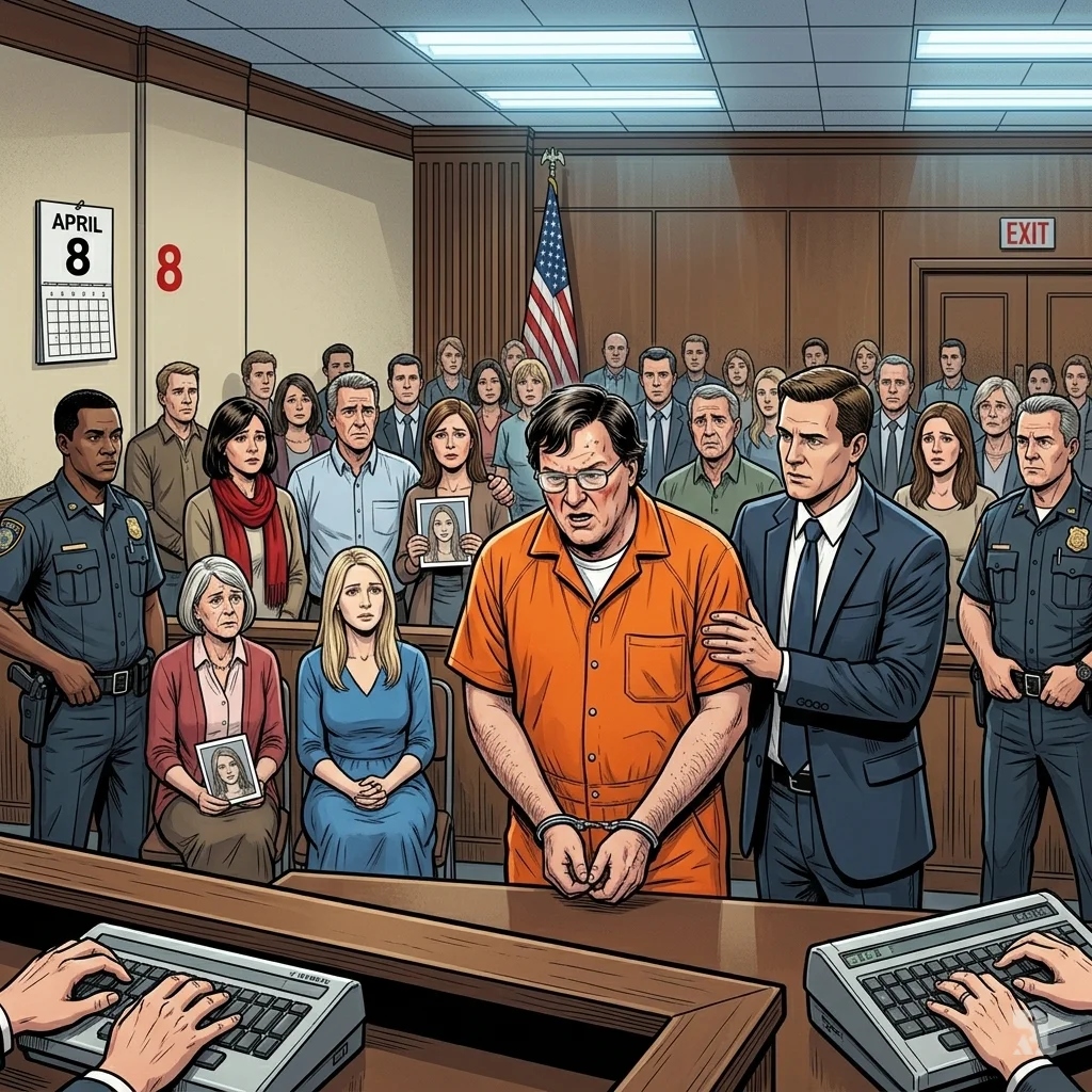Rex Heuermann in orange jumpsuit pleads guilty in Suffolk County courtroom as victims' families watch, April 8 2026.