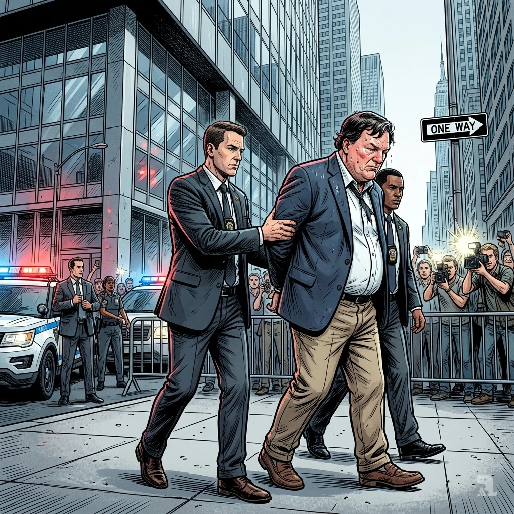 Rex Heuermann in handcuffs escorted by NYPD detectives on Manhattan sidewalk amid media cameras and flashing police lights.