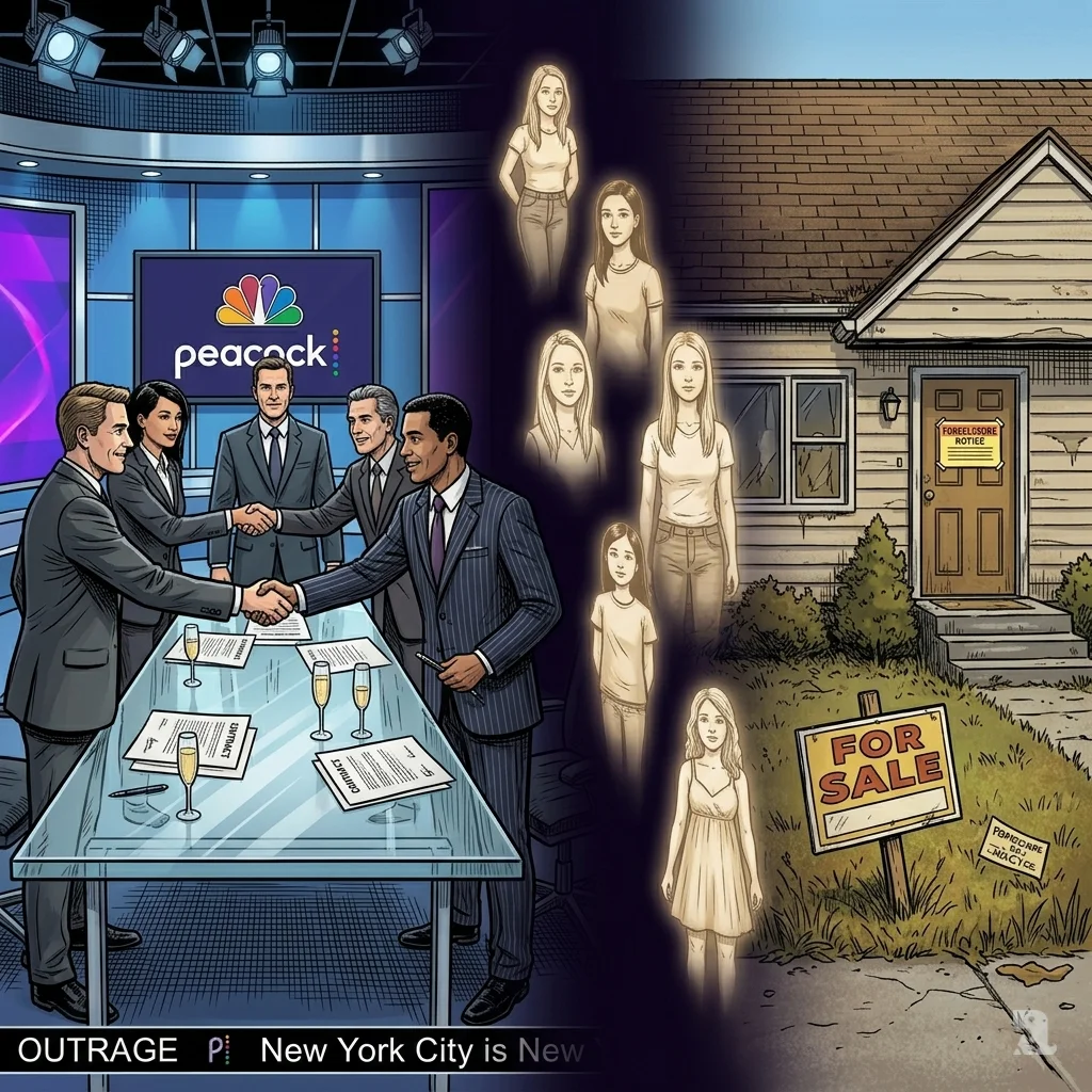 Split scene shows Peacock executives finalizing media deal while ghostly victims watch near abandoned Massapequa Park house.