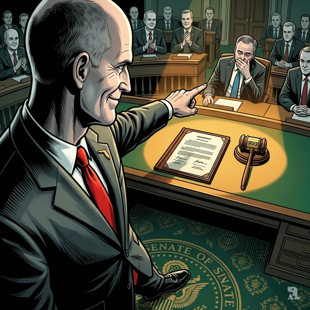 Senator Rick Scott’s arm extends, finger jabbing at a resolution document on the Senate floor; a gavel block reads “ORDER.”