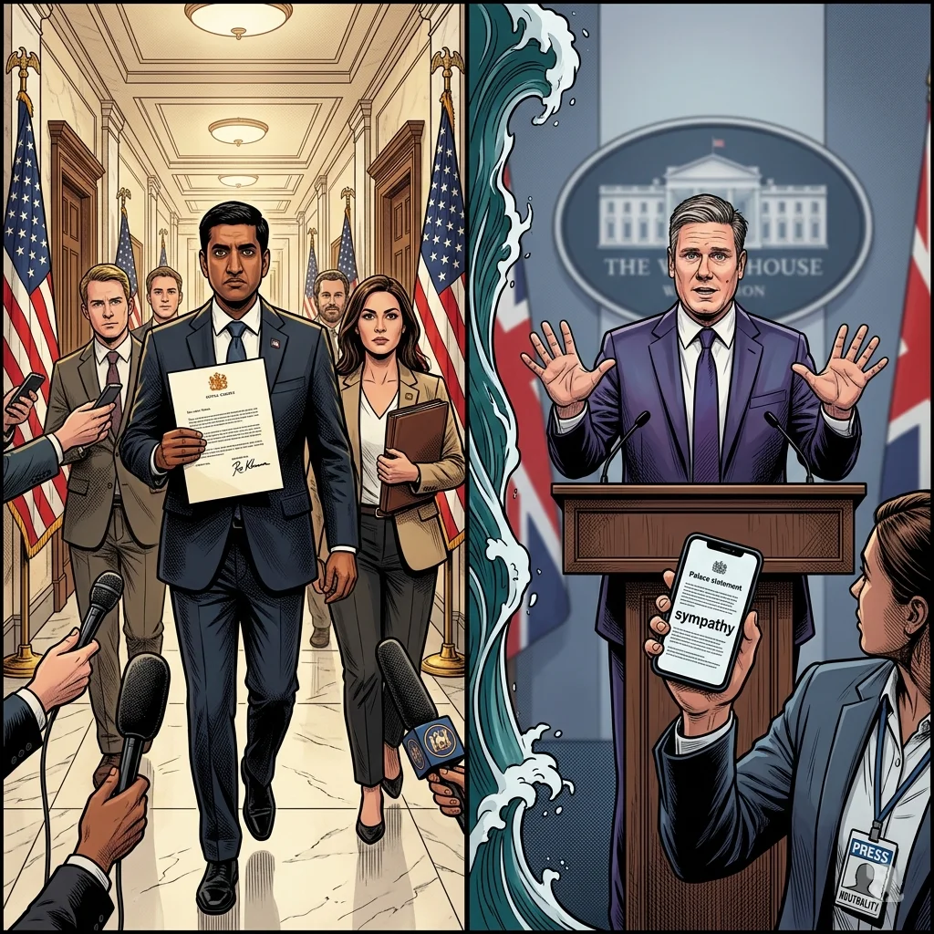 Split screen: Rep. Ro Khanna strides with letter to King Charles; PM Keir Starmer deflects at podium.