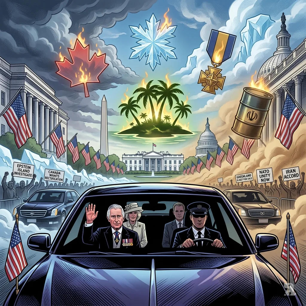 Royal limousine on Pennsylvania Avenue with floating symbols: maple leaf, ice crystal, oil barrel, private island.
