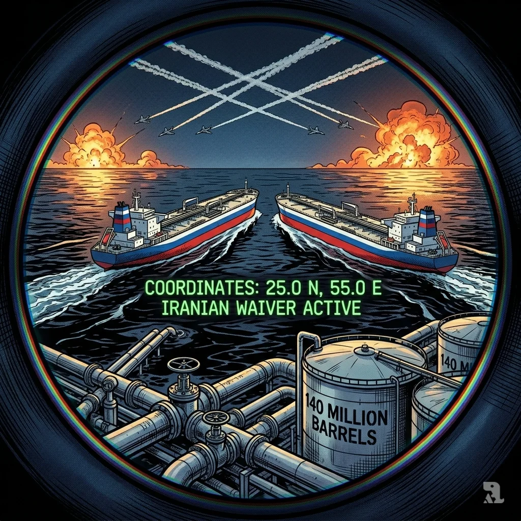 Aerial spyglass view shows Russian oil tankers at sea with military aircraft contrails and Iranian waiver digital overlay.