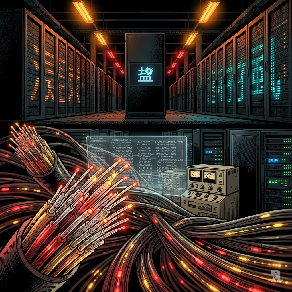 Glowing fiber-optic cables and server racks with Salt Typhoon intrusion logo on compromised telecom infrastructure.