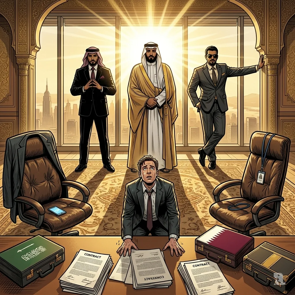 Three silhouetted Gulf representatives stand before windows as Paramount executive kneels signing contracts, Saudi, Qatari, Emirati briefcases.