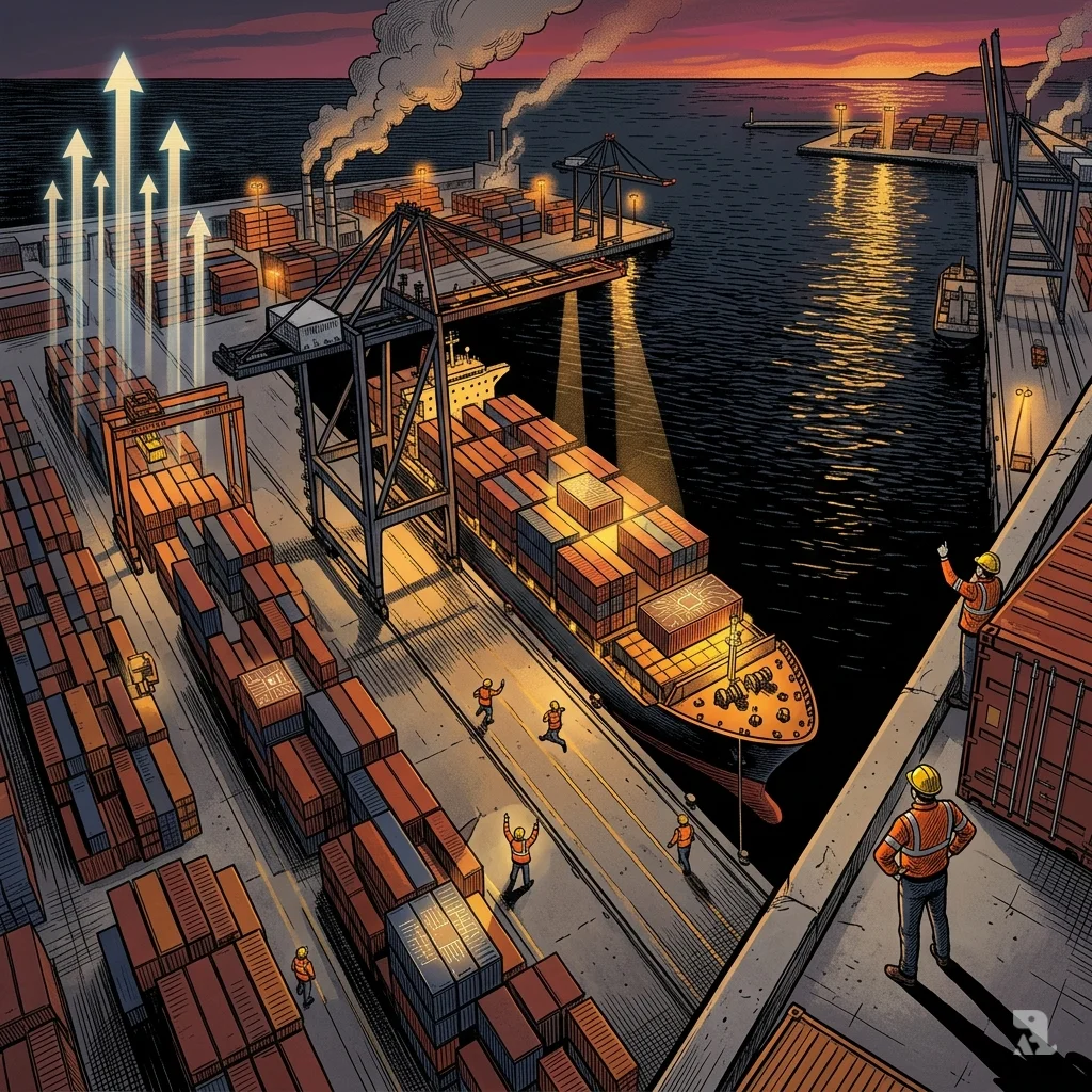 Aerial view of Busan Port at night: chip-pattern containers, giant cranes, and digital surge arrows over a massive vessel. Relentless export momentum.