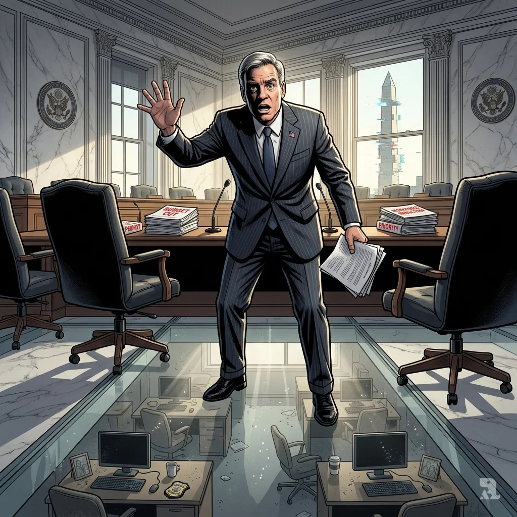 Senator Warner warns at hearing as transparent floor reveals abandoned cybersecurity desks and budget cut documents.