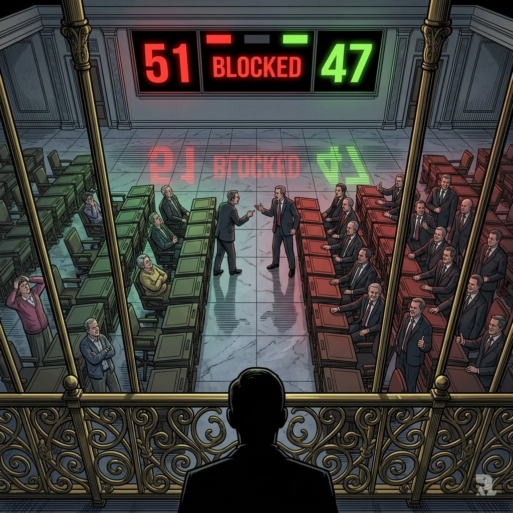 View from Senate gallery: electronic voting board displays a 51-47 tally with “BLOCKED” illuminated, Republicans seated in unified blocks.