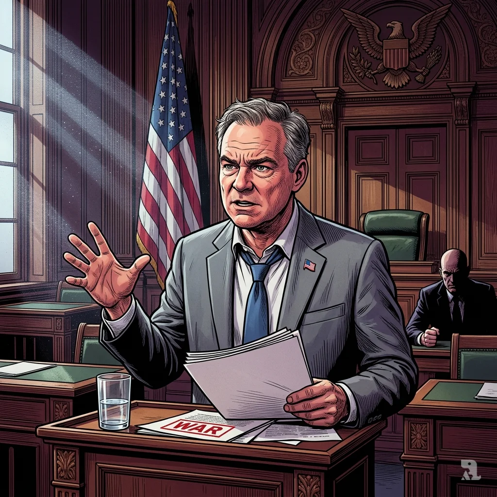 Senator Tim Kaine grips a podium in the Senate chamber, gesturing intensely; a document marked “WAR” lies before him.