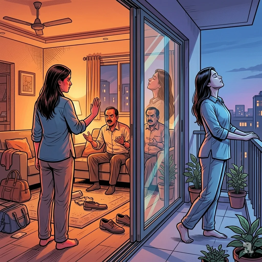 Woman stands by glass door, hand up in stop gesture; interior has arguing figures, exterior shows her breathing calmly on balcony.