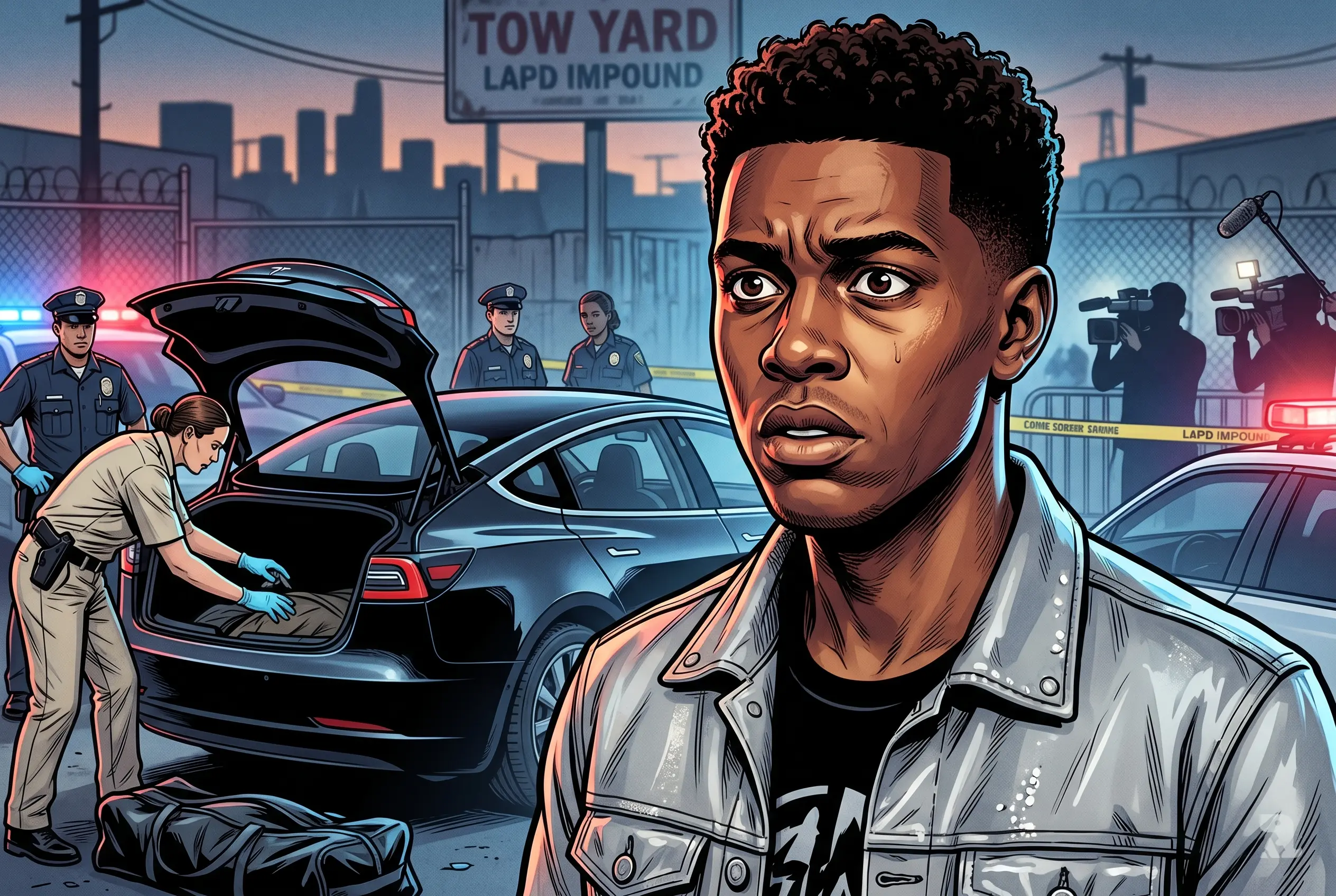 Young singer in tense close-up foreground as police investigate open Tesla trunk with cadaver bag, flashing lights and tow yard scene creating dramatic crime atmosphere.