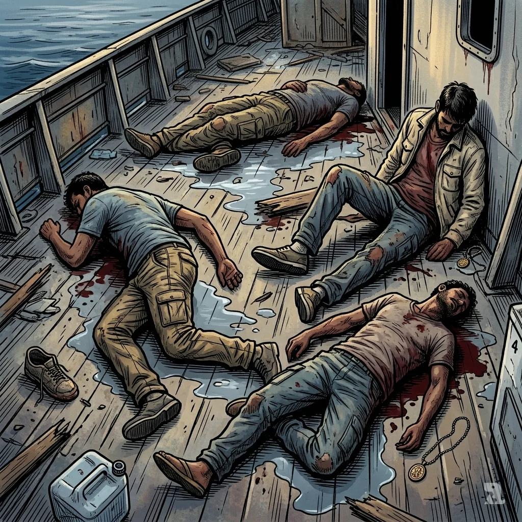 Deck view showing four deceased individuals amid wreckage and debris following the maritime strike.