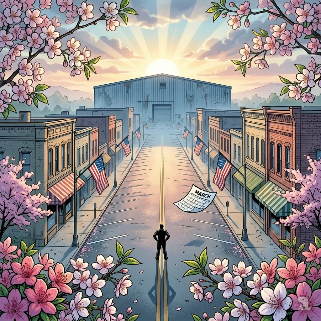 Dawn over empty Georgia main street, blooming cherry blossoms, abandoned warehouse in distance, single resident silhouetted.