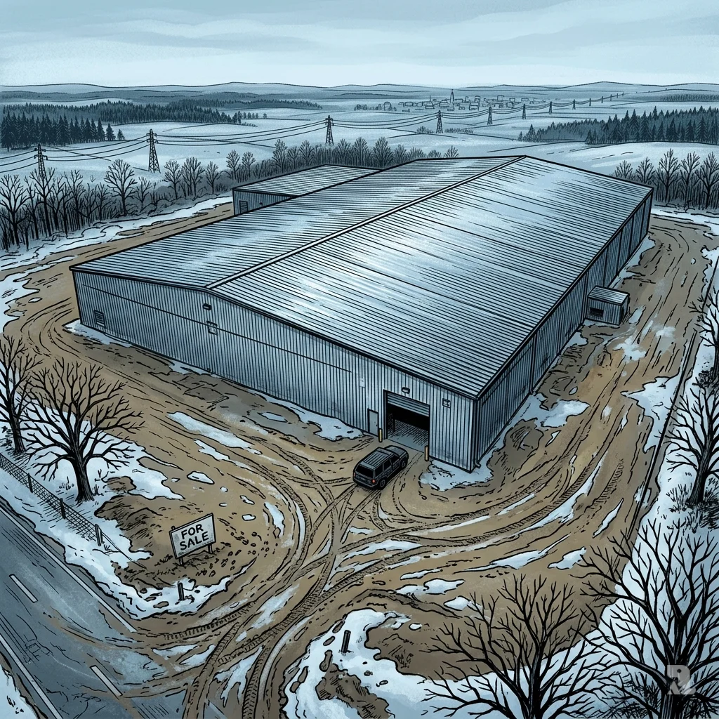 Aerial view of a massive Georgia warehouse under grey winter skies, isolated with muddy tracks and a single black SUV.