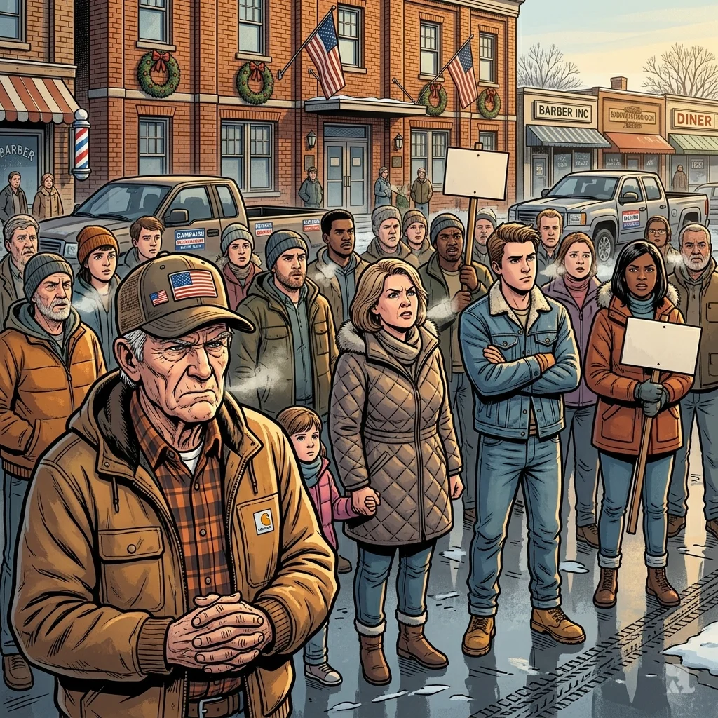 Diverse crowd of 30+ townspeople gathered outside a brick municipal building in winter, holding signs and showing determined faces.