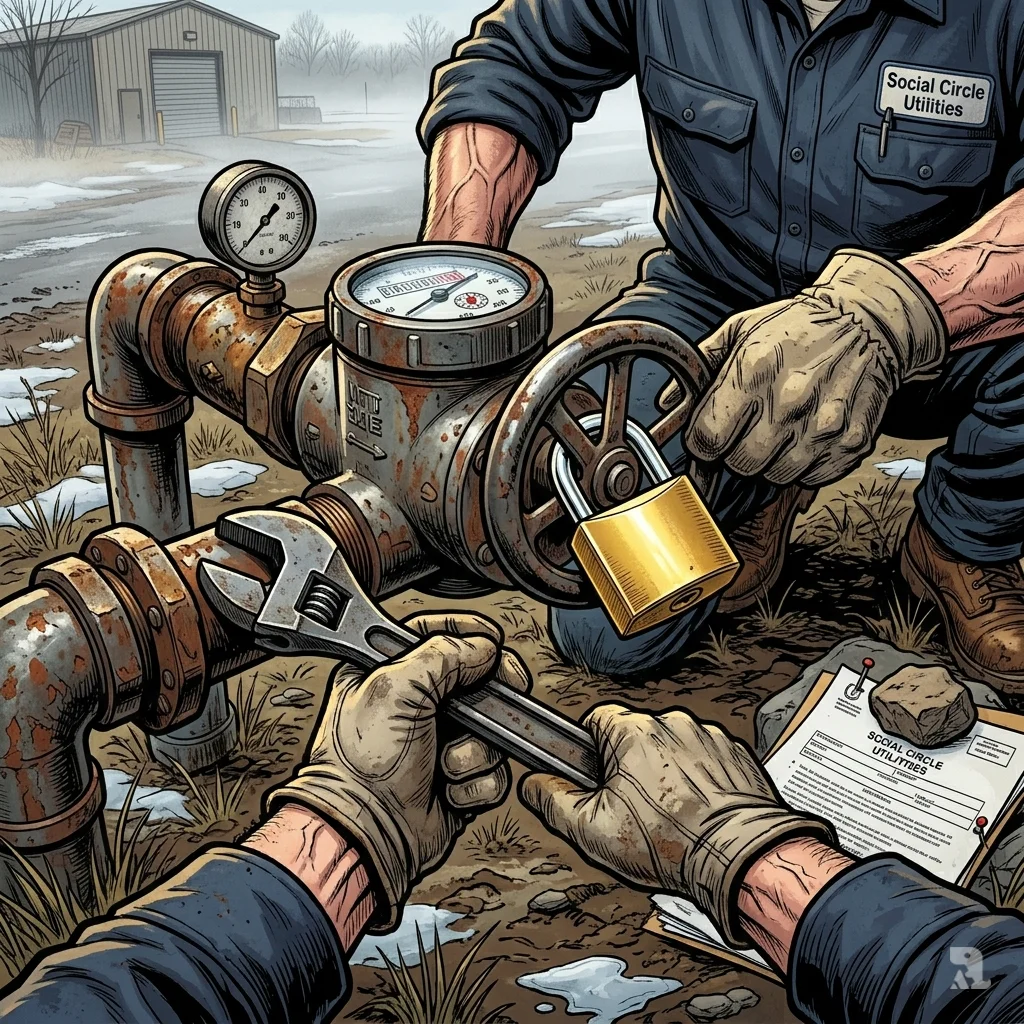 Close-up of weathered water meter with a new padlock, gloved hands gripping a wrench, municipal work shirt visible.