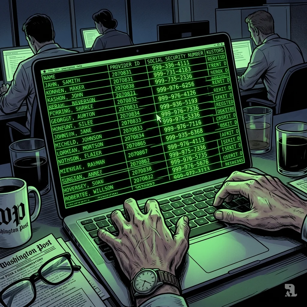 A journalist’s laptop displays unencrypted Social Security numbers in a dark newsroom, capturing the moment of shocking data exposure discovery.