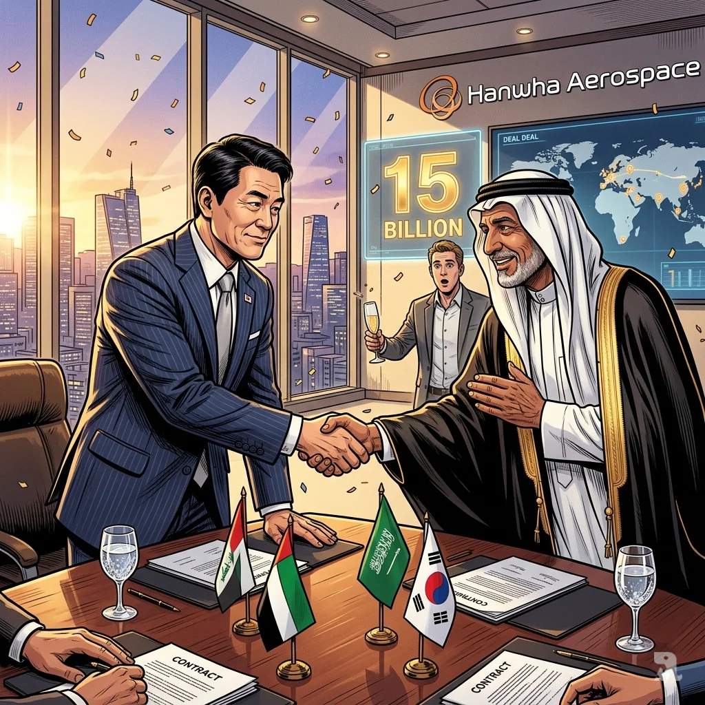 South Korean CEO and Middle Eastern defense minister shake hands over $15 billion arms deal in Seoul headquarters.