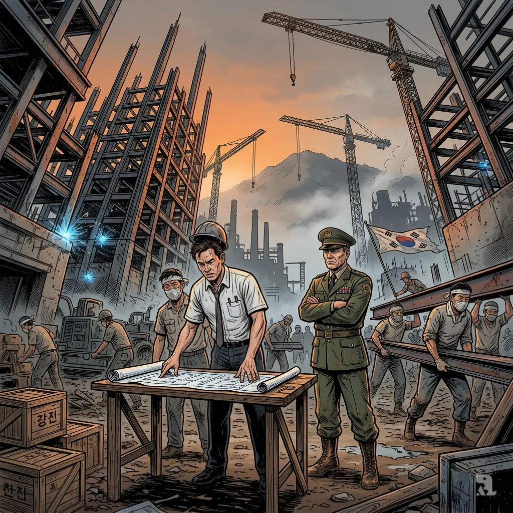 1970s South Korean engineers and military advisor examine blueprints at heavy industrial construction site in Ulsan at dawn.