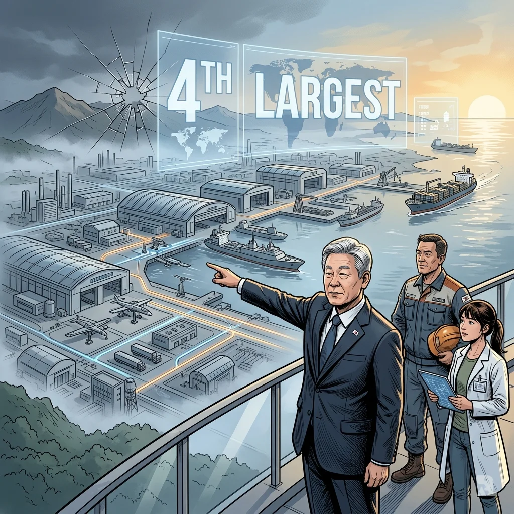 South Korean President Lee Jae Myung points toward a futuristic defense manufacturing complex along the coastline in 2030 projection.