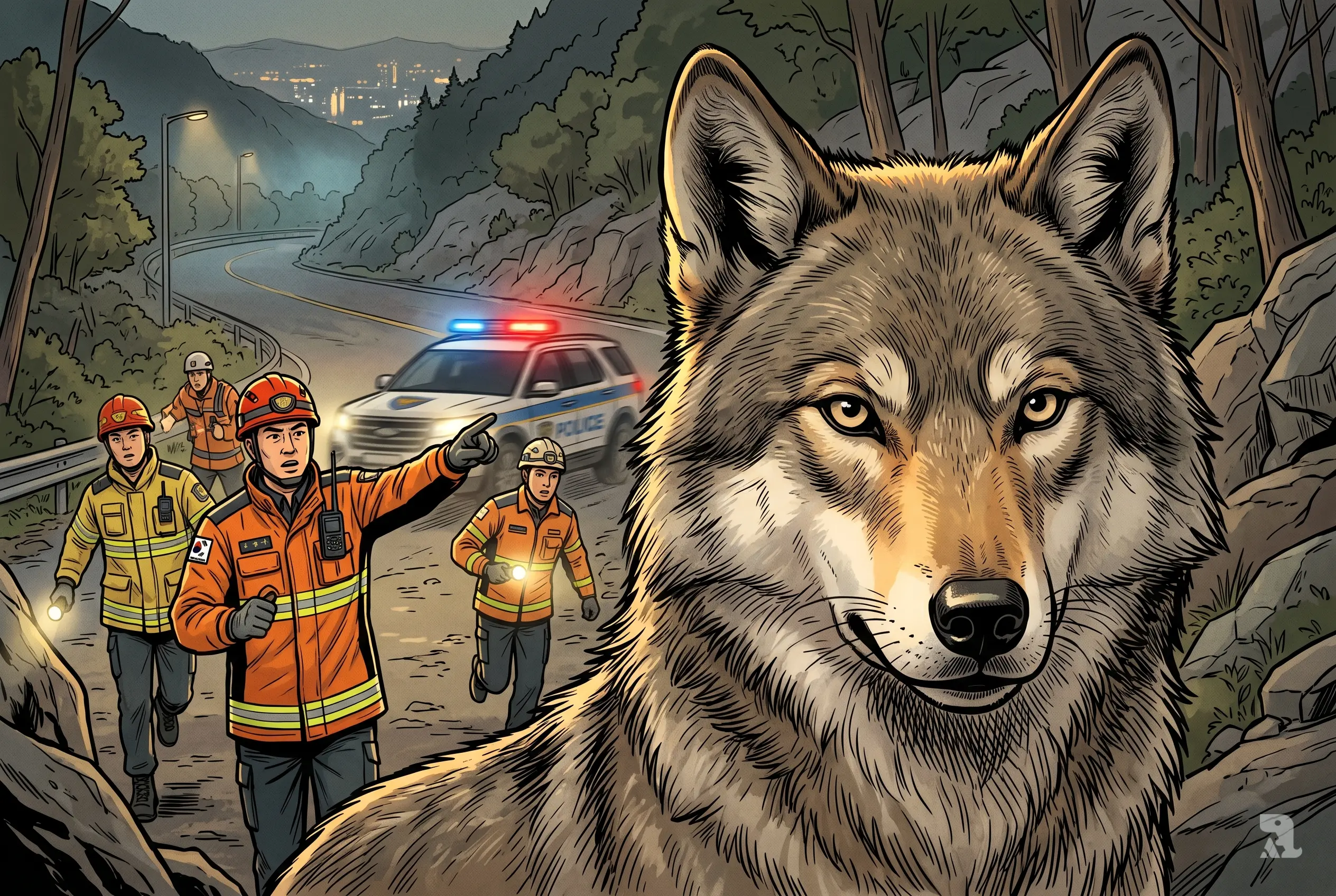 Neukgu the escaped wolf in intense close-up as South Korean rescue teams chase him along a mountain road at night with flashing emergency lights.