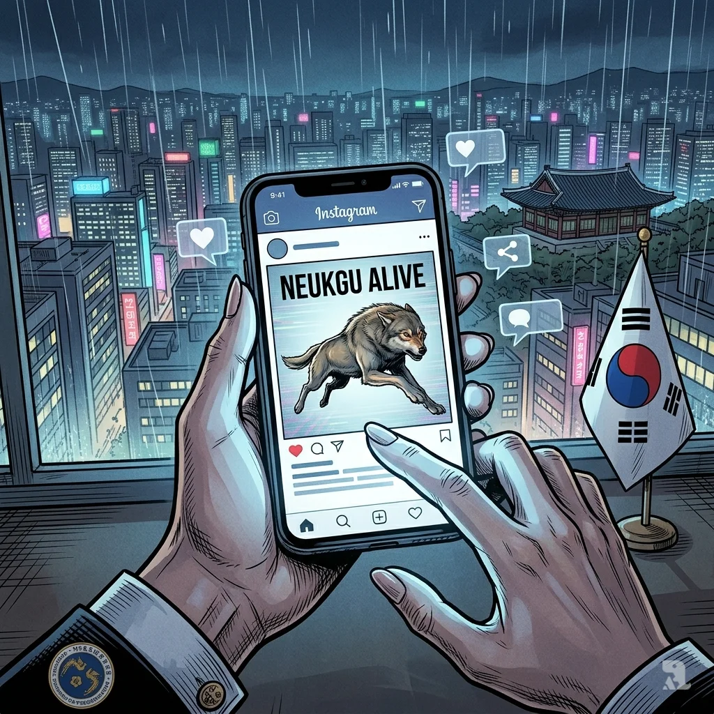 Presidential hands holding smartphone with wolf news alert against nighttime Seoul cityscape and rain.