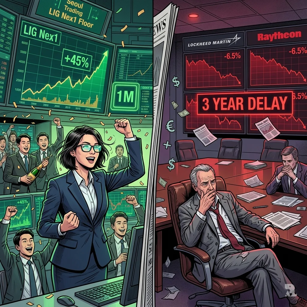 Split screen shows South Korean stock surge and US defense stock decline as global arms market shifts.