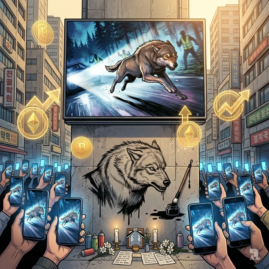 Digital billboard and phone screens display viral wolf image amid cryptocurrency holograms and street shrine.