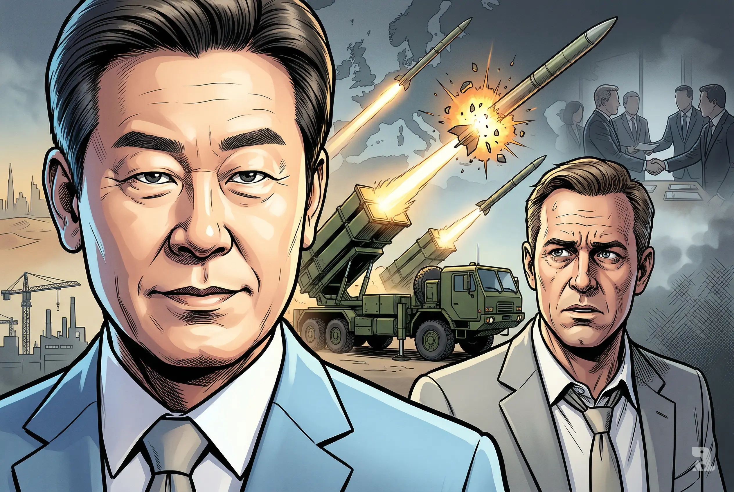 South Korean President Lee Jae-myung with missiles launching behind, facing tense US defense executive as explosions highlight global arms industry power shift.