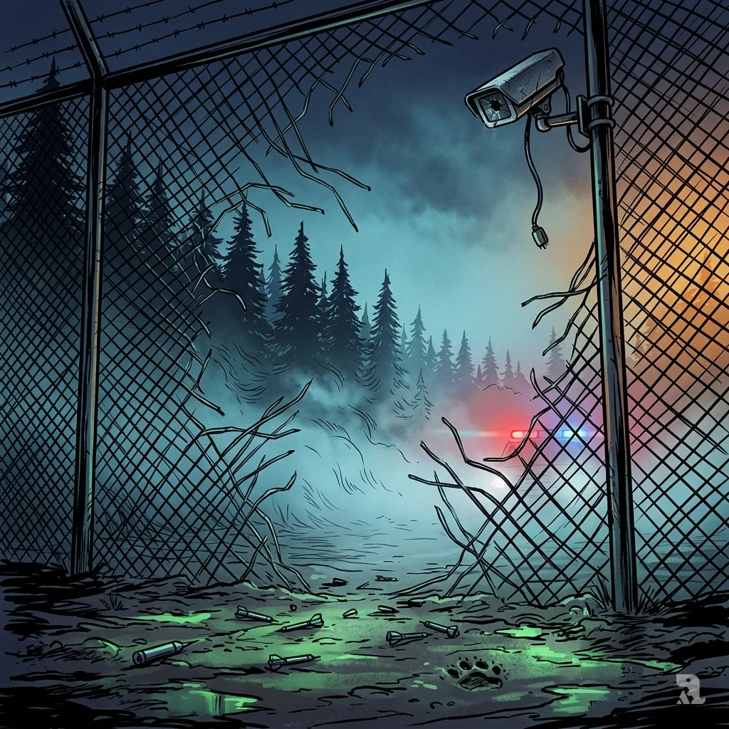 Torn zoo fence in Daejeon at dawn with fog, emergency lights, paw print, and broken security camera.