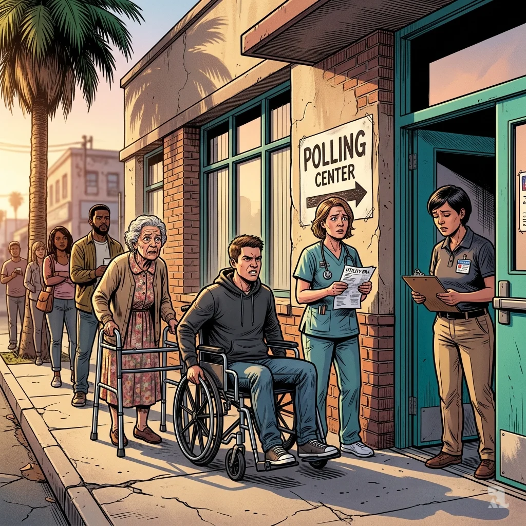 A diverse voter line outside a South Los Angeles polling place includes a woman with a walker and a man in a wheelchair, a poll worker looks hesitant.