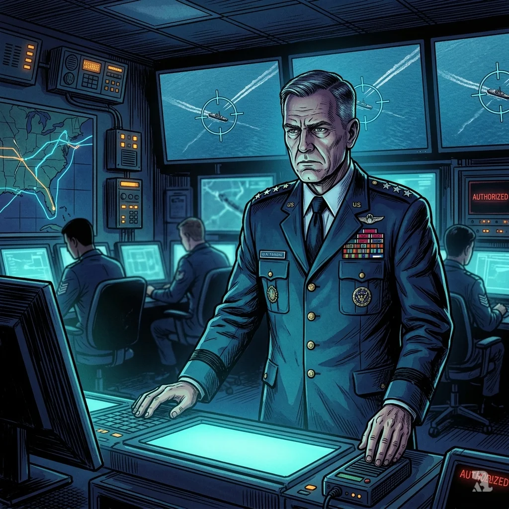 General Francis Donovan stands at tactical console in SOUTHCOM operations center reviewing satellite targeting data.