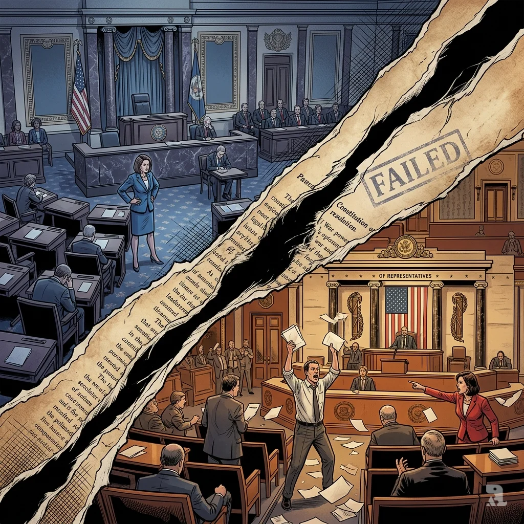 A torn document marked “FAILED” diagonally splits the Senate and House chambers, with Democrats isolated and Republicans absent.