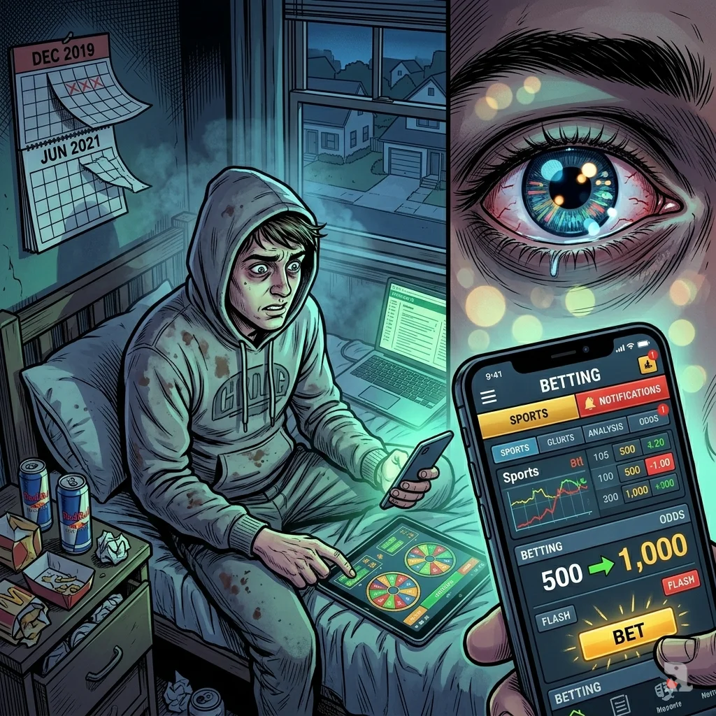Young man hunched in dark bedroom, multiple screens glowing with betting apps, pandemic calendar on wall.