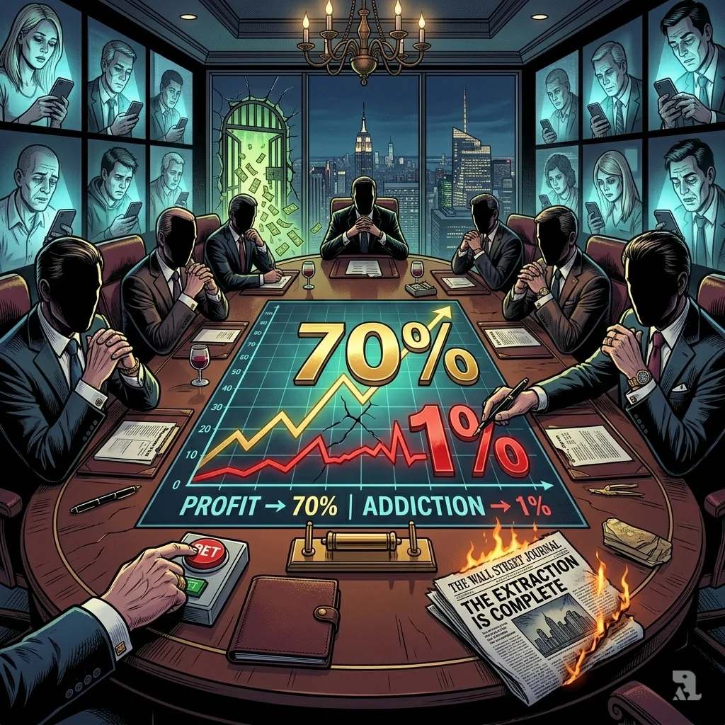 Anonymous executives in boardroom pointing at profit chart showing 70% and 1%, screens displaying addicted gamblers.