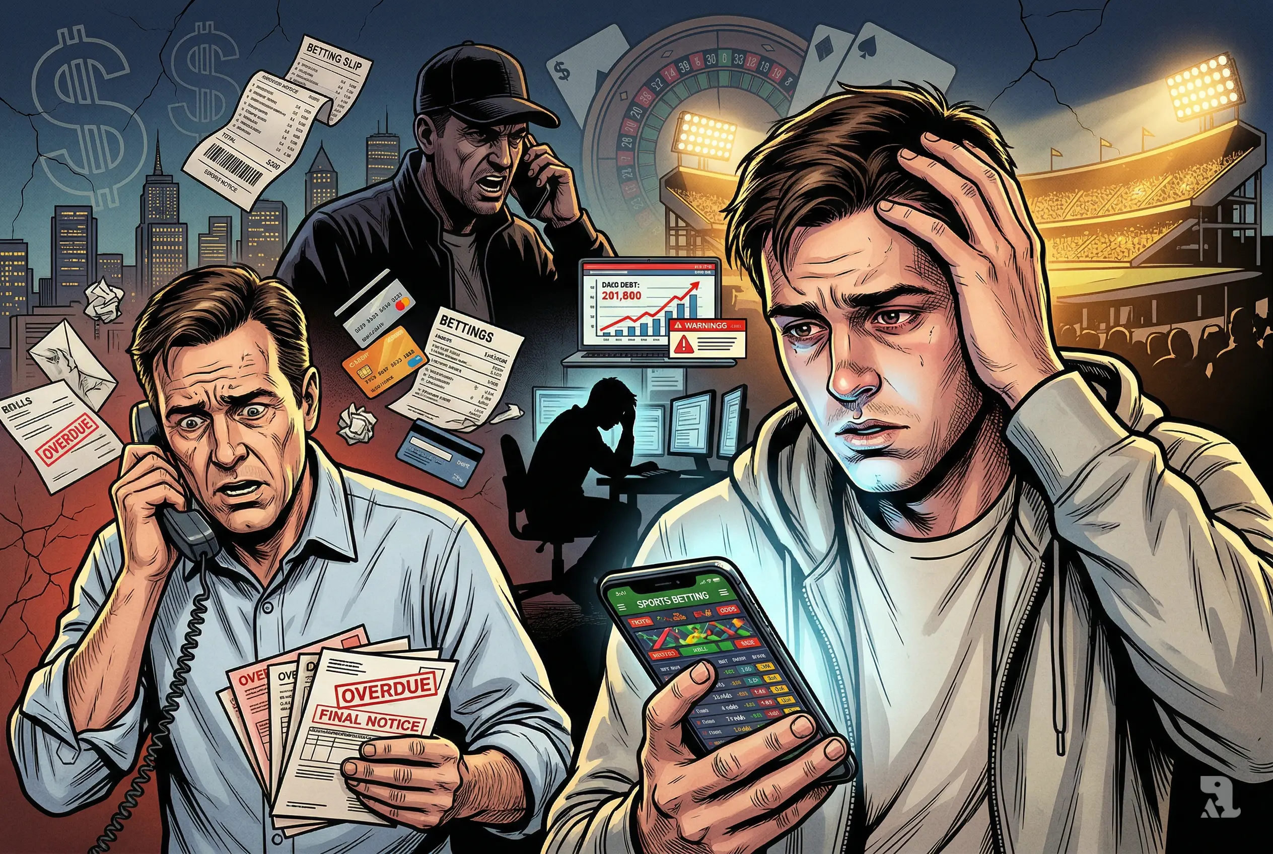 Distressed young man checks sports betting app while worried father holds unpaid bills, surrounded by debt symbols, bookmaker shadow, and stadium lights showing gambling crisis impact.