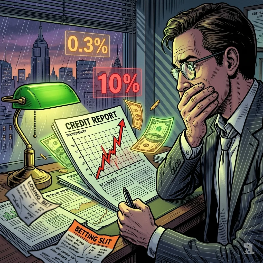 Federal Reserve analyst staring at red delinquency charts and a torn betting slip, rain streaking window behind him.