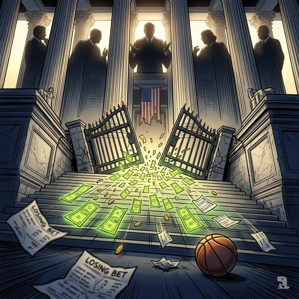 Supreme Court columns with shattered floodgates, a torrent of cash and betting slips cascading down steps at dawn.