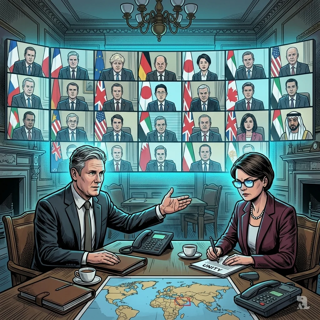 Starmer and Cooper at 10 Downing Street table facing 35 world leaders on video call screen.