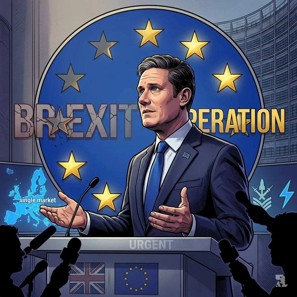 Keir Starmer stands before EU flag with open hands as cracked Brexit text crumbles behind him.
