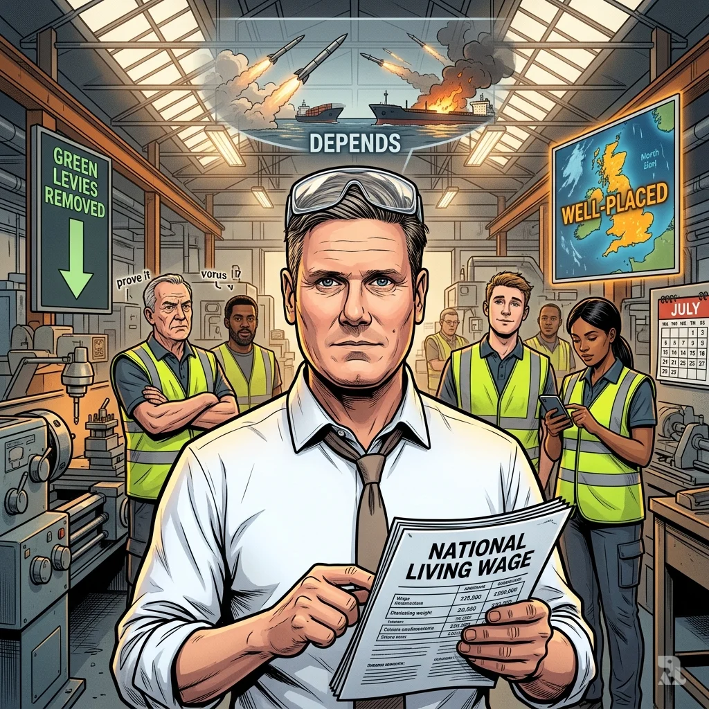 Starmer holds National Living Wage document in factory as Iran conflict overlay looms above workers.