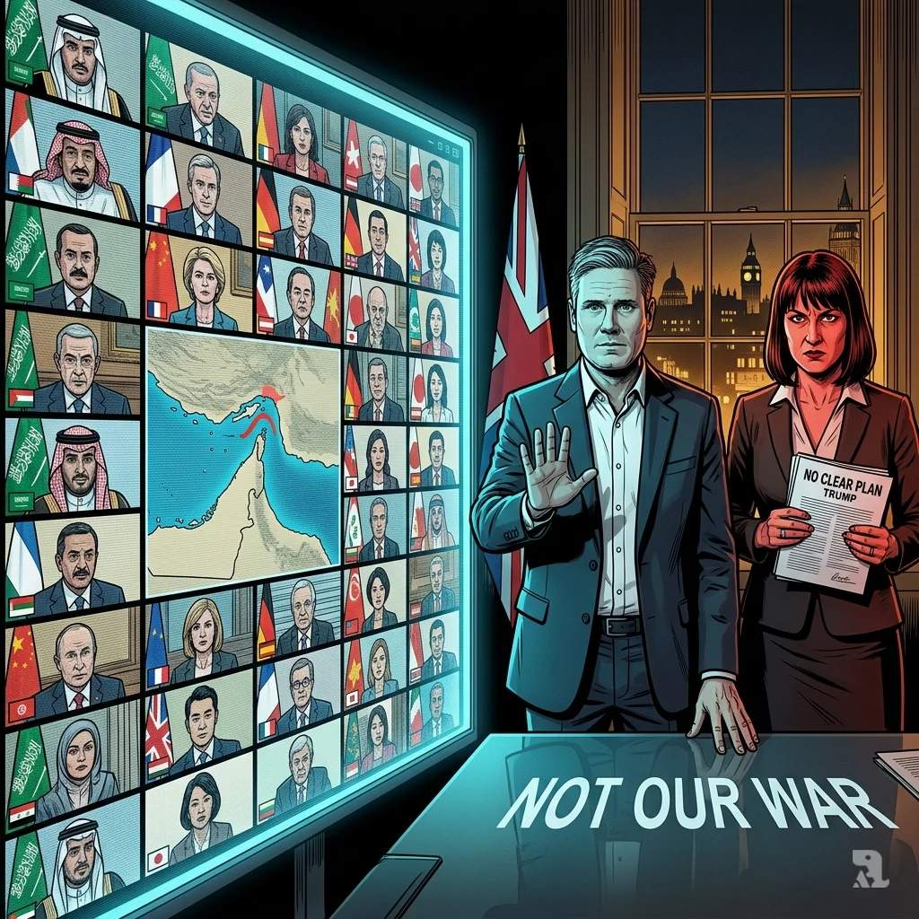 Starmer raises hand in refusal beside Chancellor Reeves as 35 nations watch via virtual meeting screens.