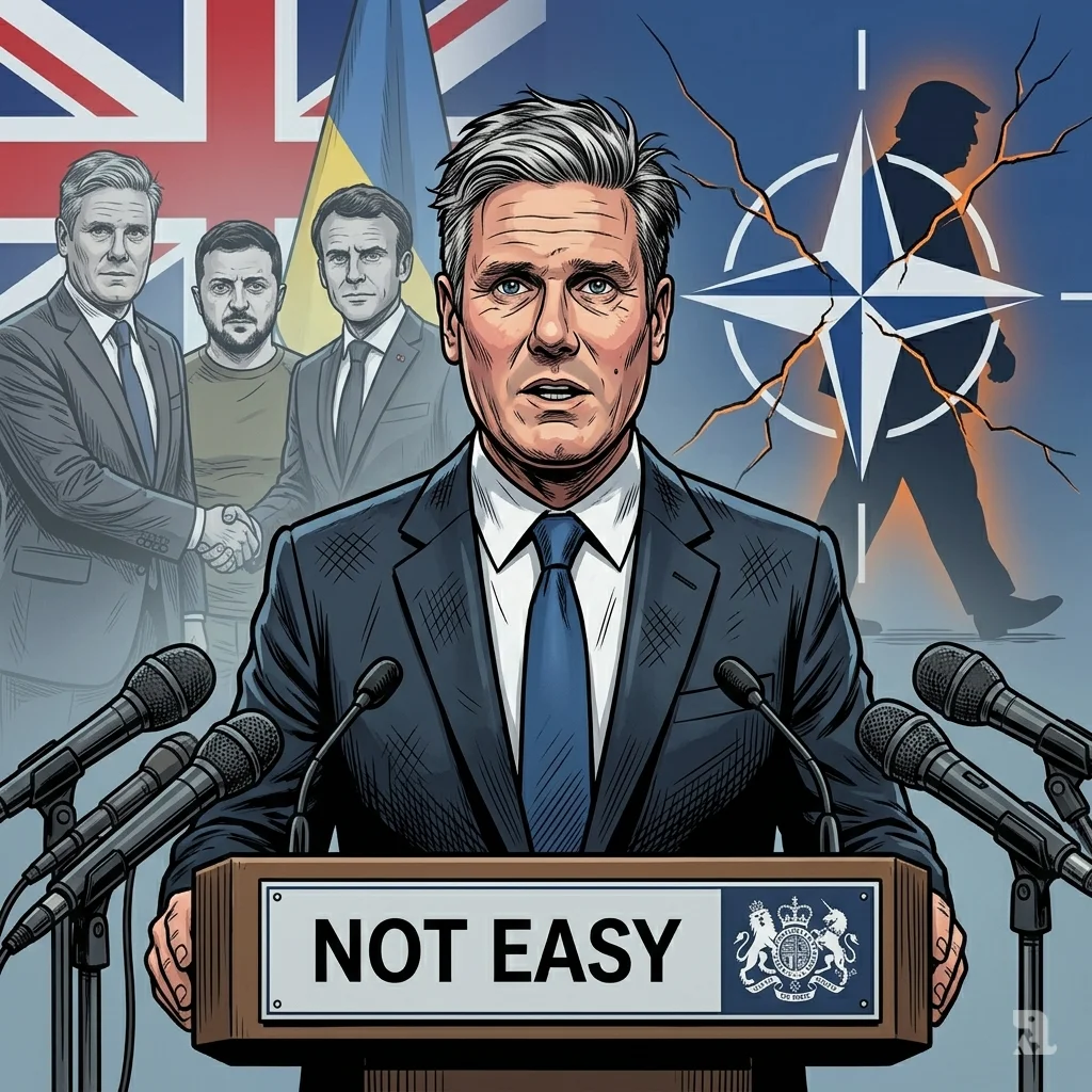 Starmer at podium with Ukraine coalition ghost image and departing Trump silhouette behind him.